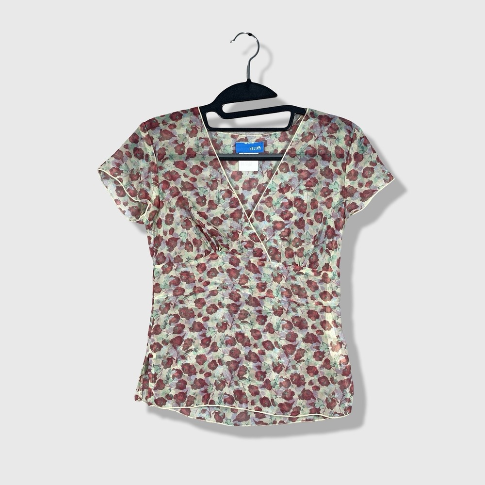 dELiA*s Floral Mesh Top Women XS Red Y2K 90s Cottagecore Fairycore Cute